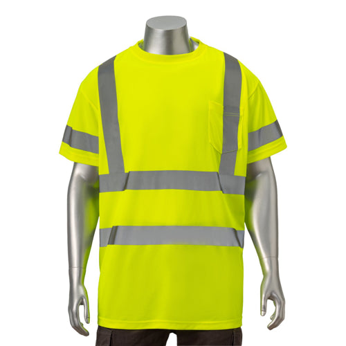 Class 3 Polyester Double Band Reflective Tape Safety T-Shirt W/ Pocket | Front side | Safety yellow